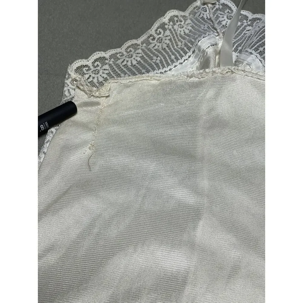 Sears 36 Full Slip Night Dress Vintage Nylon Ivory Lace Adjustable Strap V-neck*